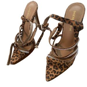 Leopard Pointed Open ToeRhinestone Strappy Stiletto Heel